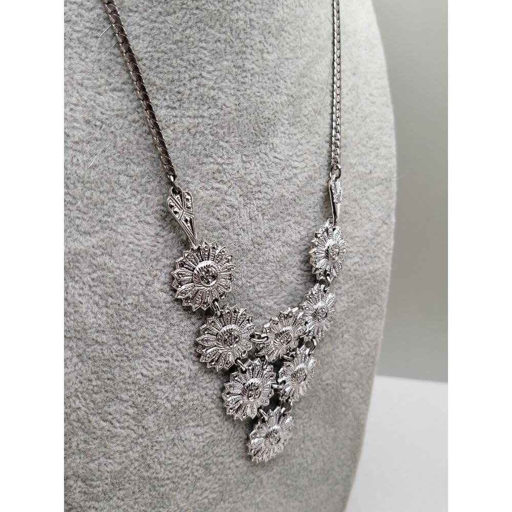 Vintage Floral Necklace Marked Sterling with Marcasite Accents 17 Inch - Picture 8 of 10